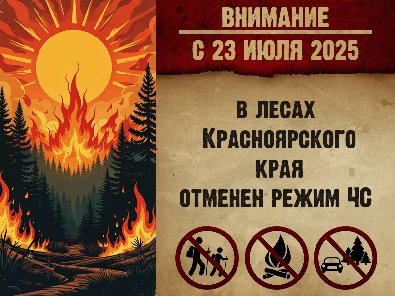 Постановлением Правительства Красноярского края № 578-п от 23.07.2025 отменен режим чрезвычайной ситуации в лесах Красноярского края.